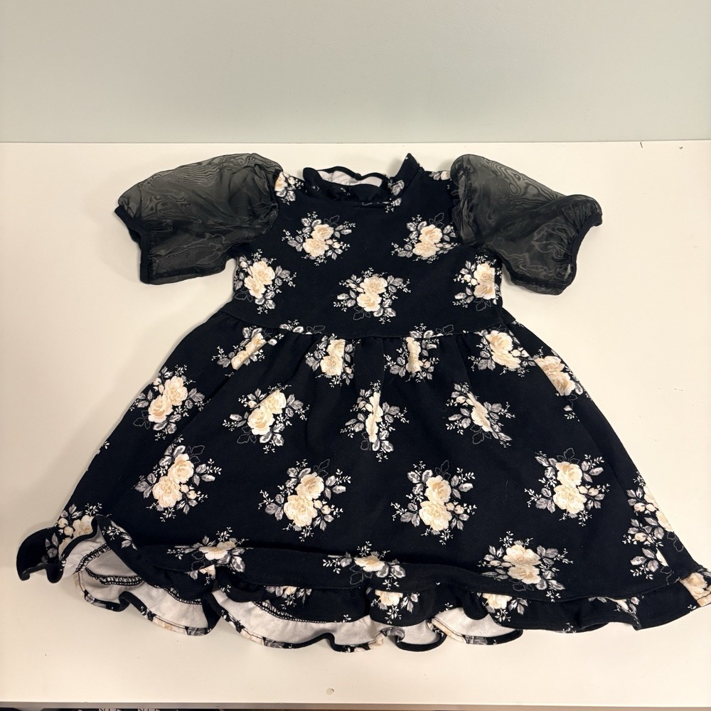 Janie and Jack Black Floral Puff Sleeve Ponte Dress Sz 3 Wedding